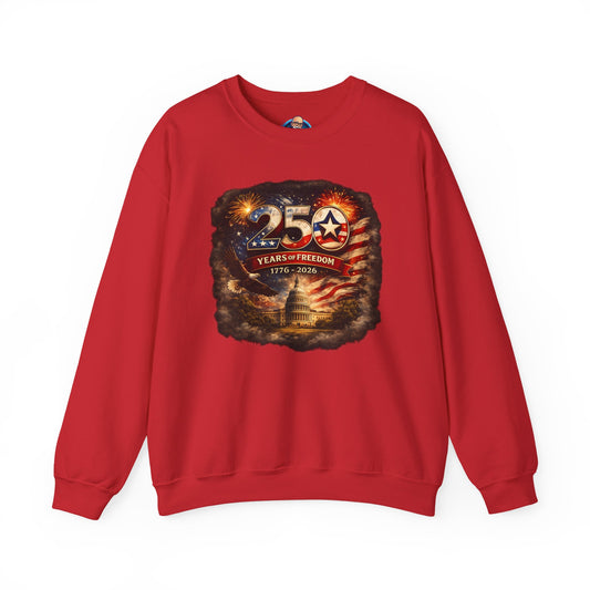 250th Anniversary Patriotic Crewneck Sweatshirt — "250 Years of Freedom" USA Flag Design