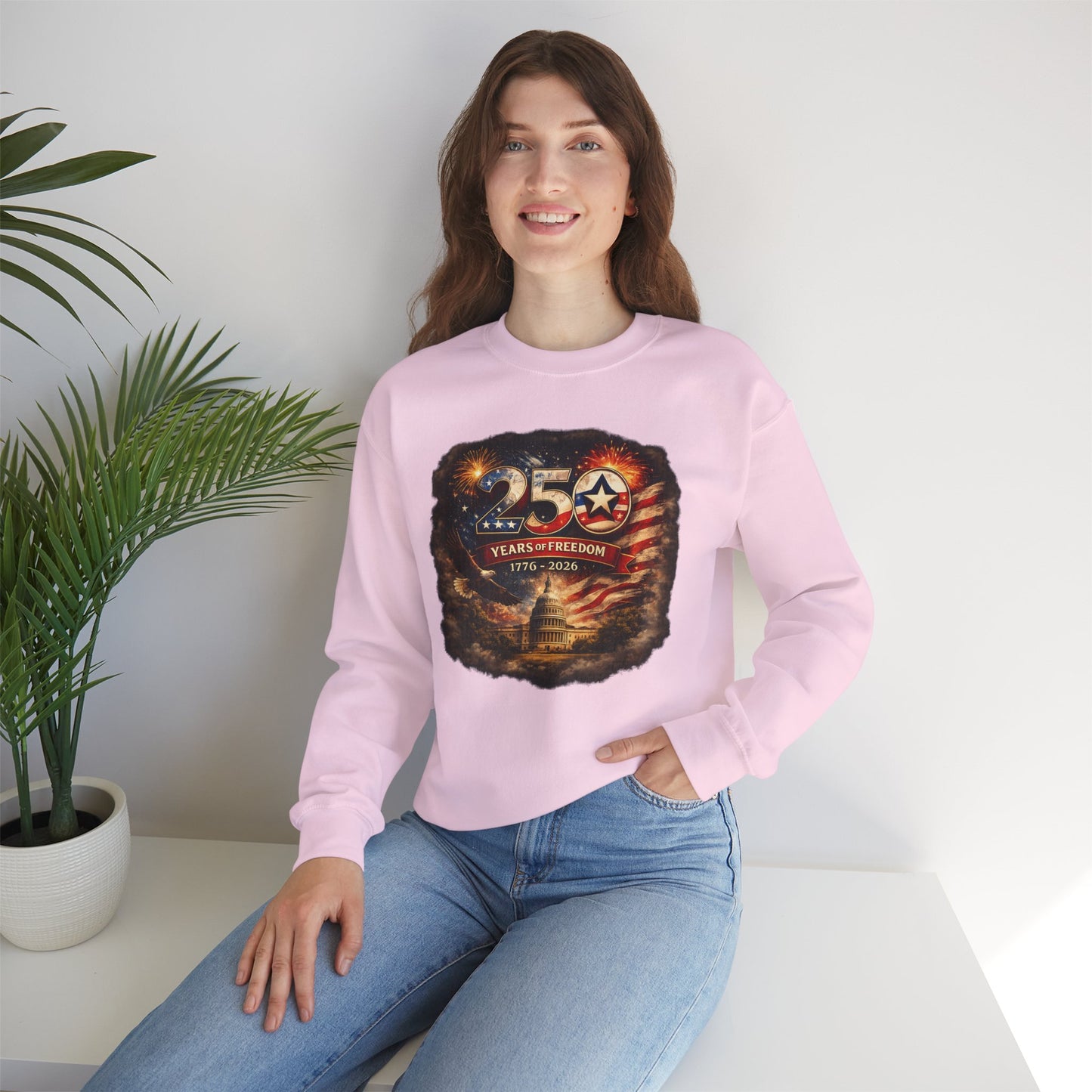 250th Anniversary Patriotic Crewneck Sweatshirt — "250 Years of Freedom" USA Flag Design