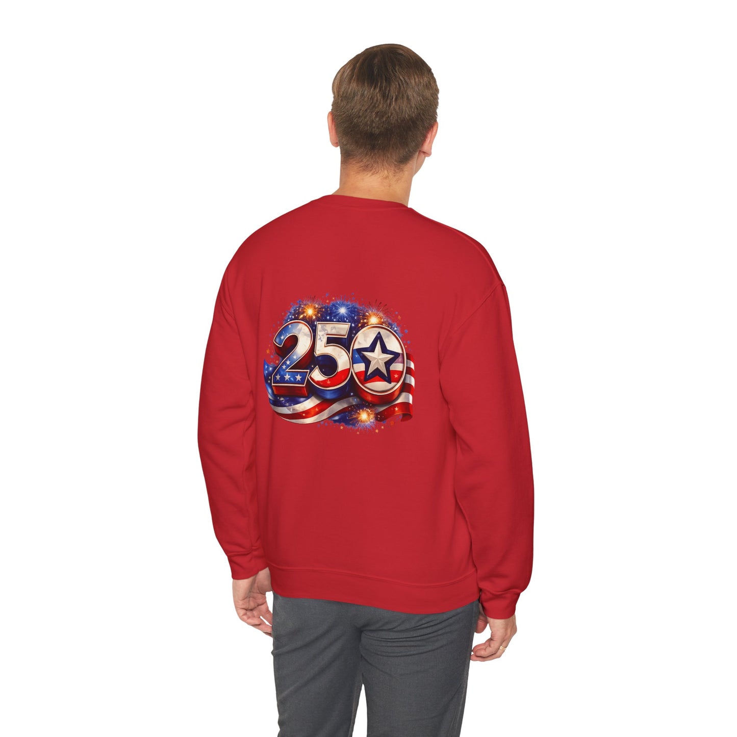 250th Anniversary USA Flag Crewneck Sweatshirt — Patriotic 25 Celebration Design Front and Back