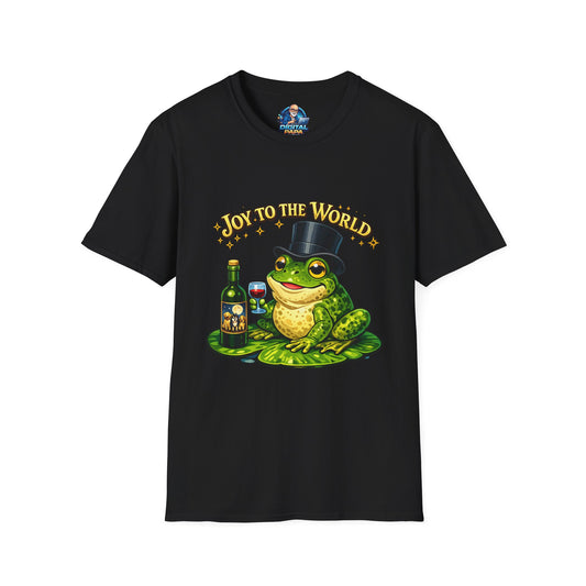 Joy to the World Frog T-Shirt — Festive Top Hat Frog with Wine Bottle