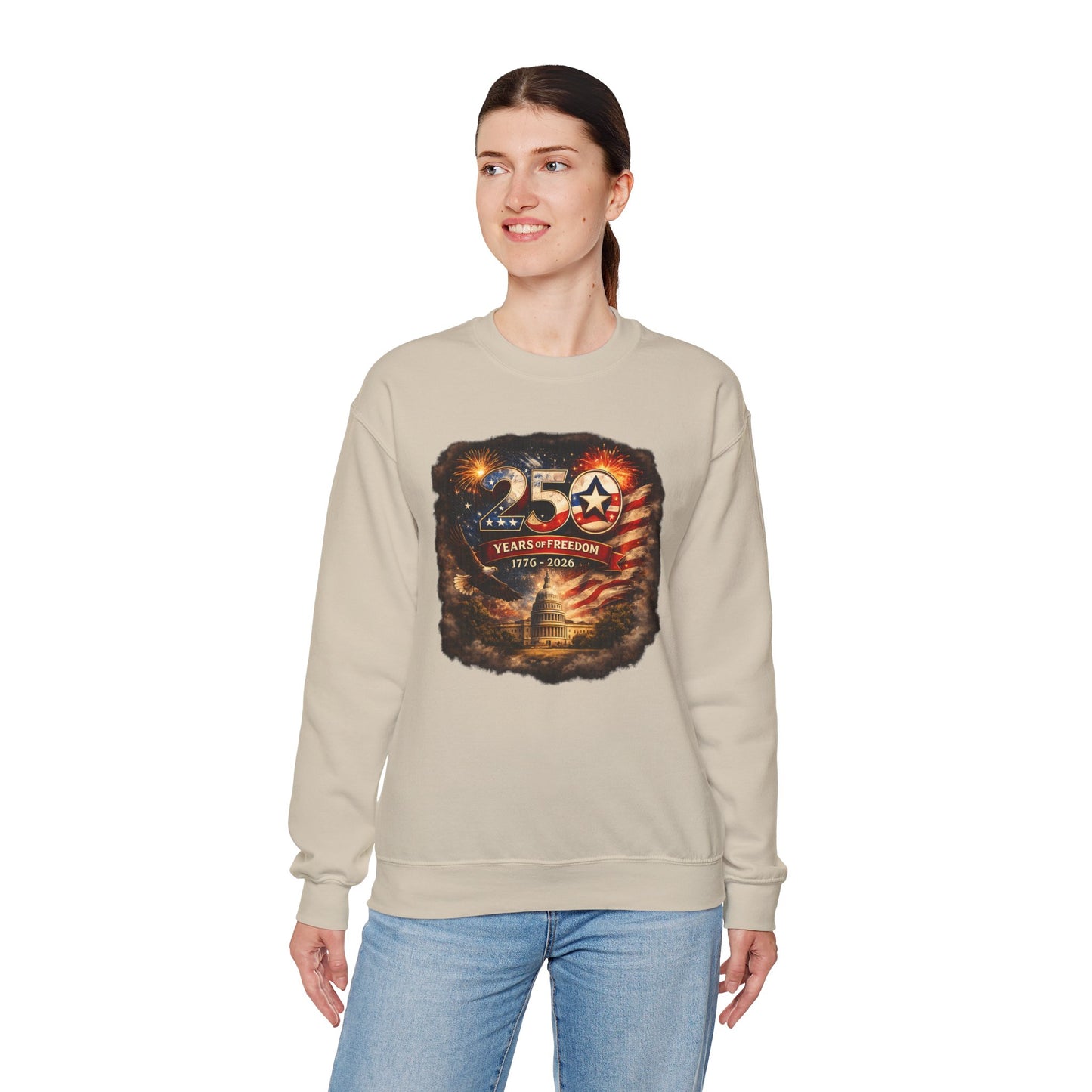 250th Anniversary Patriotic Crewneck Sweatshirt — "250 Years of Freedom" USA Flag Design