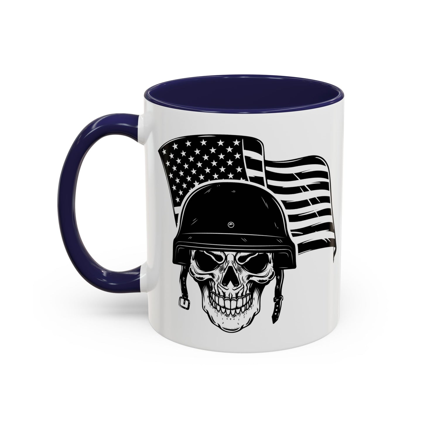 American Skull Soldier Coffee Mug — Military Helmet with US Flag (11/15oz)