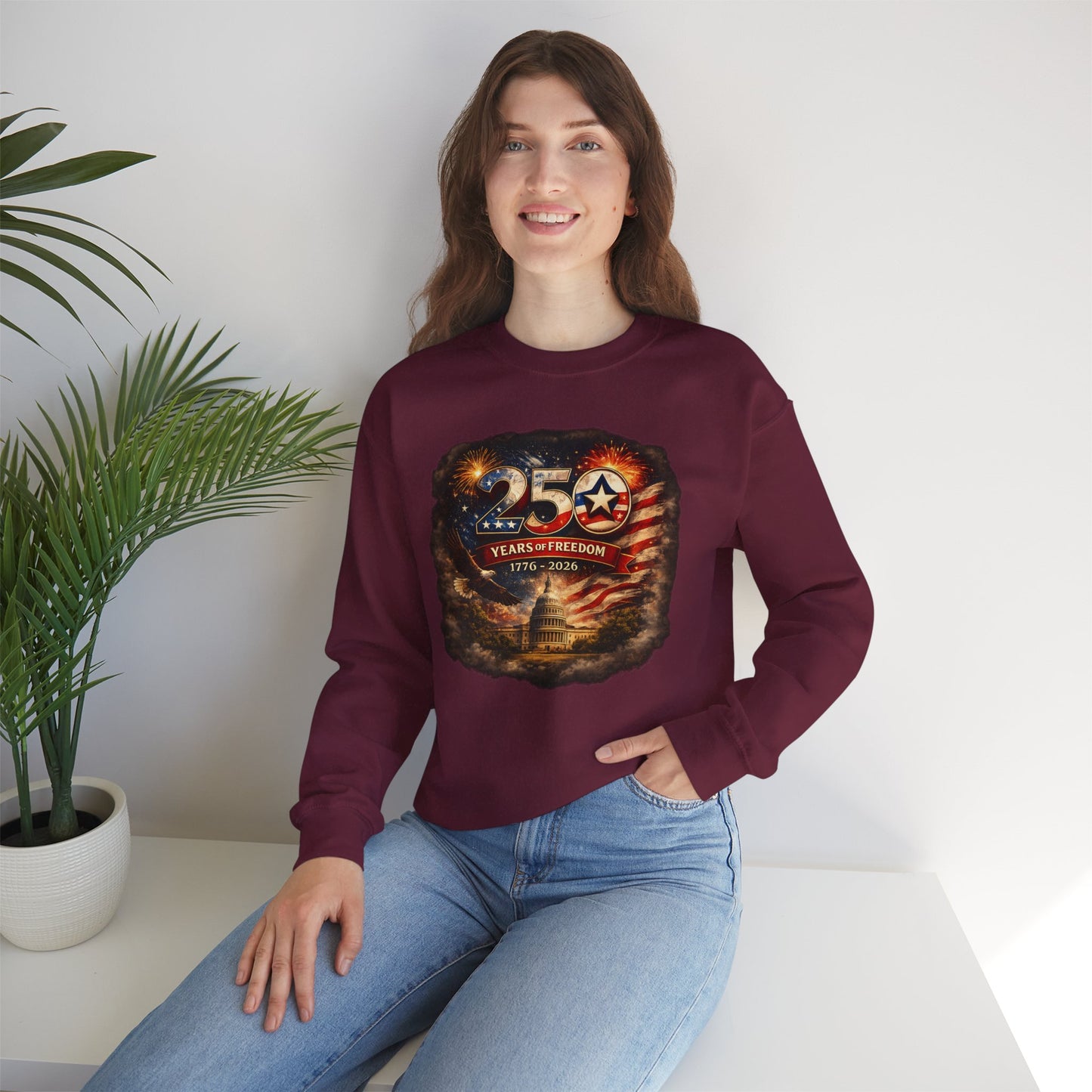 250th Anniversary Patriotic Crewneck Sweatshirt — "250 Years of Freedom" USA Flag Design