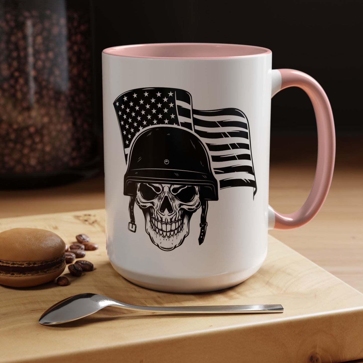 American Skull Soldier Coffee Mug — Military Helmet with US Flag (11/15oz)