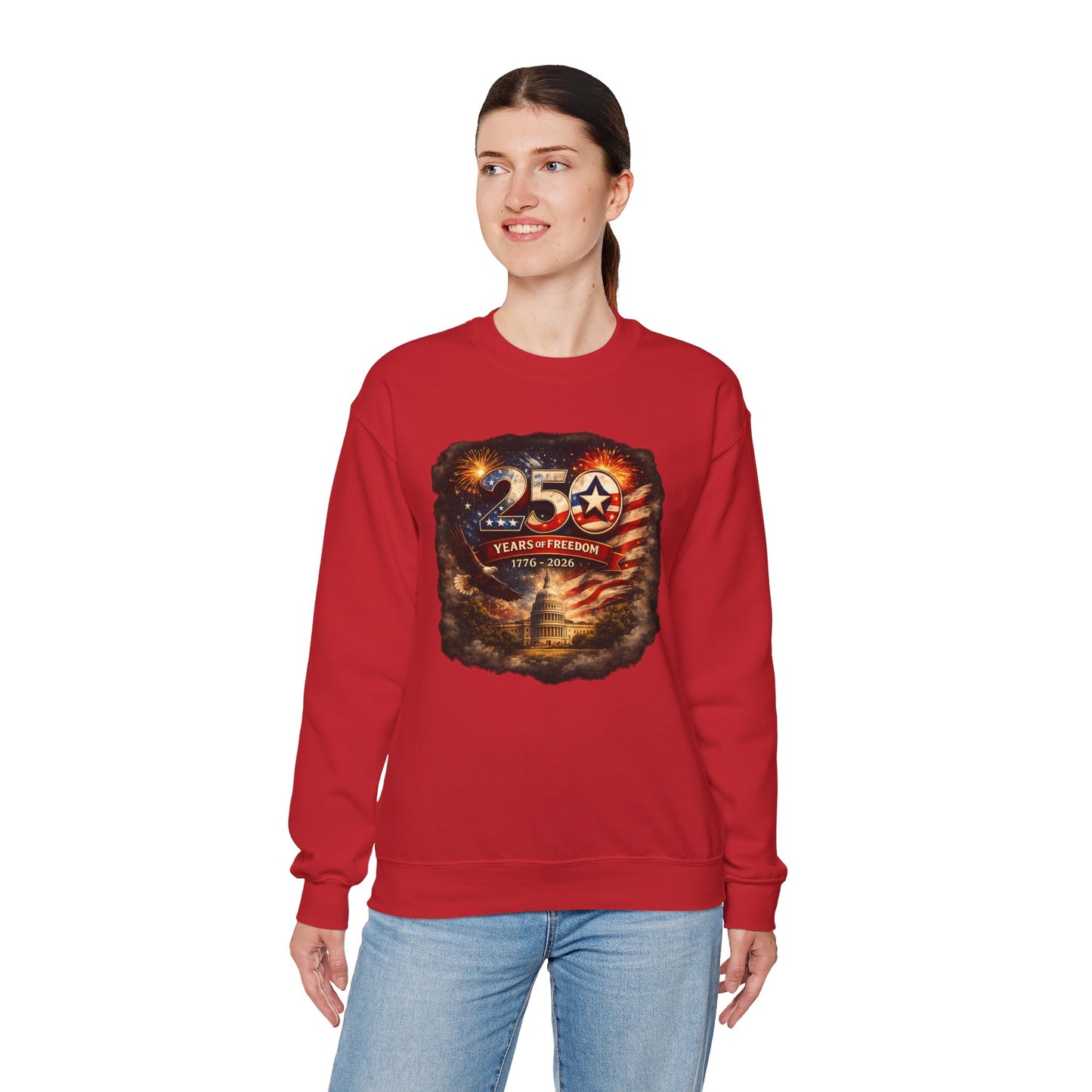 250th Anniversary Patriotic Crewneck Sweatshirt — "250 Years of Freedom" USA Flag Design