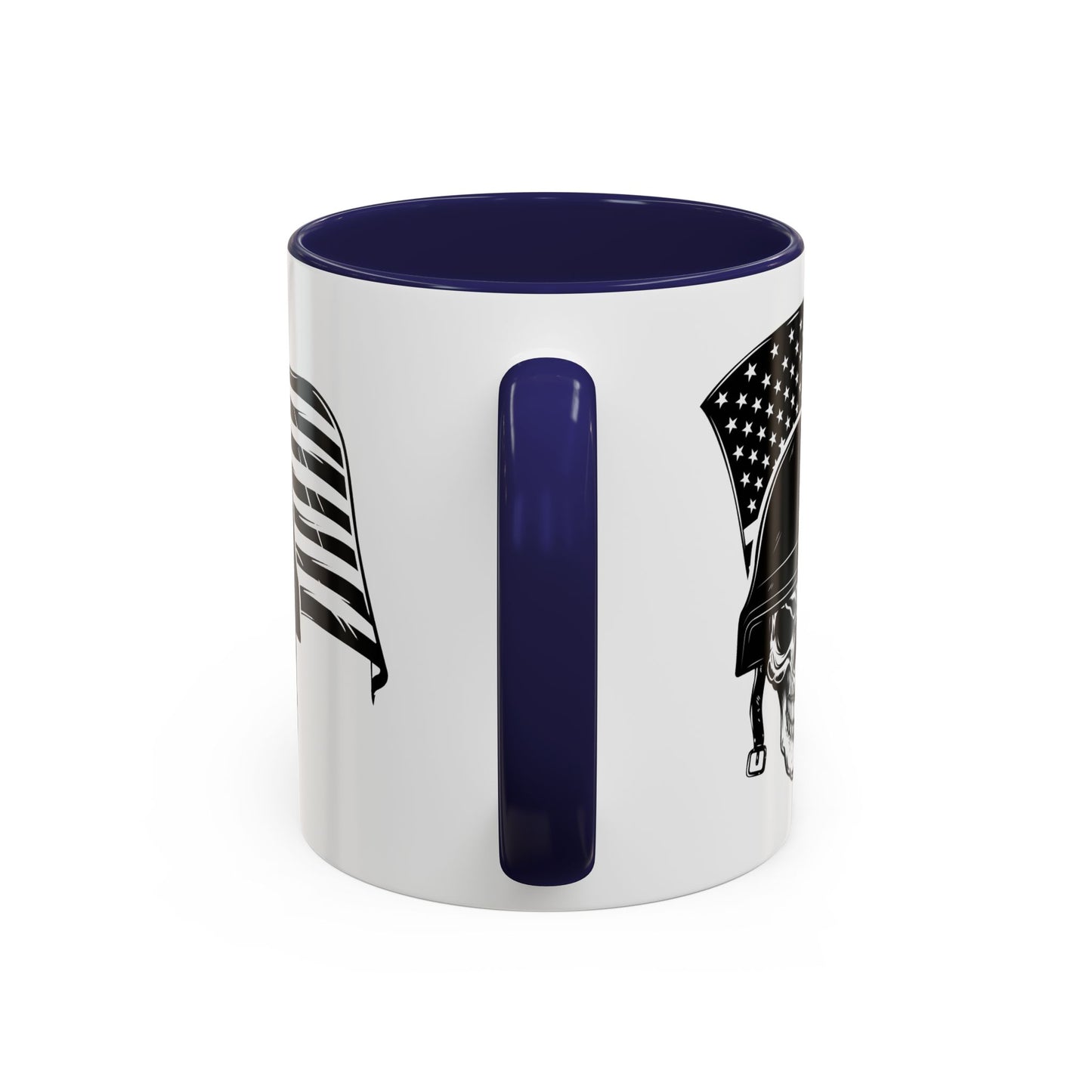 American Skull Soldier Coffee Mug — Military Helmet with US Flag (11/15oz)