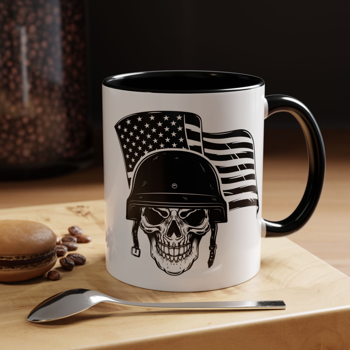 American Skull Soldier Coffee Mug — Military Helmet with US Flag (11/15oz)