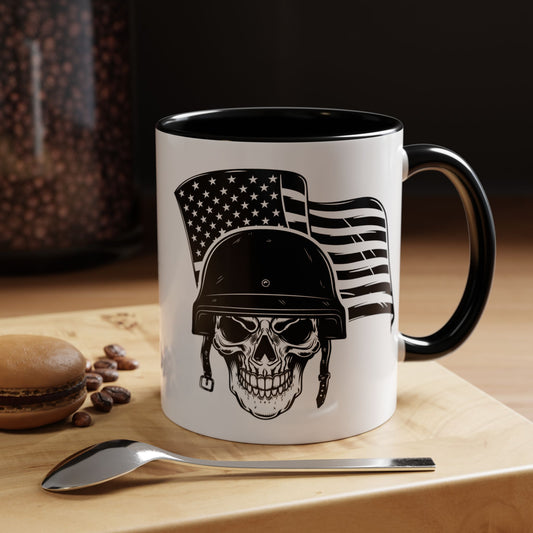 American Skull Soldier Coffee Mug — Military Helmet with US Flag (11/15oz)