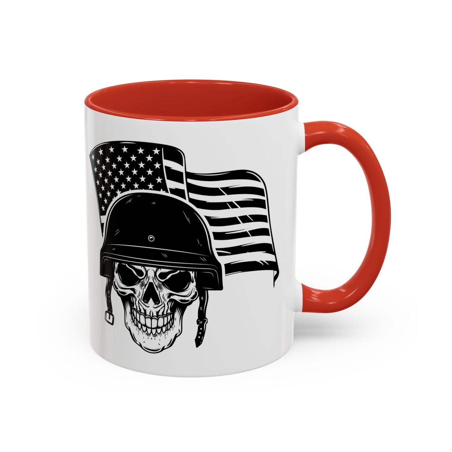 American Skull Soldier Coffee Mug — Military Helmet with US Flag (11/15oz)