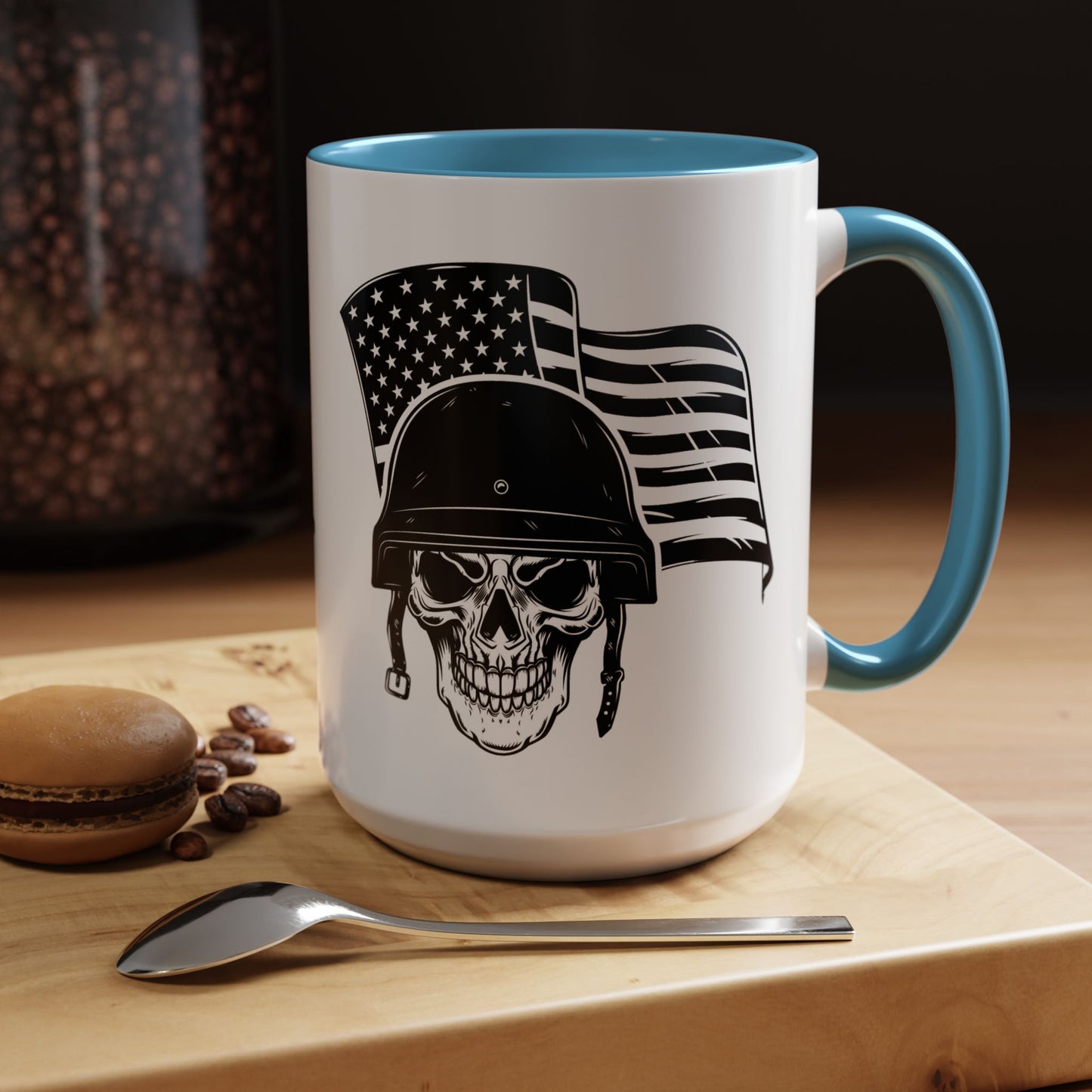 American Skull Soldier Coffee Mug — Military Helmet with US Flag (11/15oz)