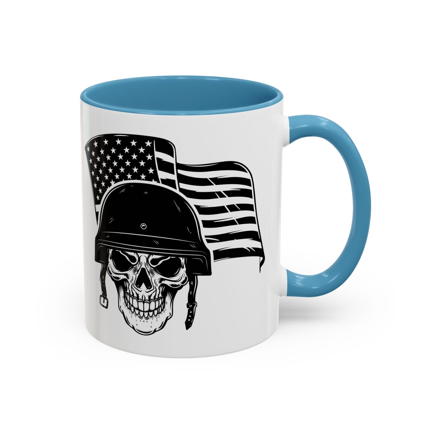 American Skull Soldier Coffee Mug — Military Helmet with US Flag (11/15oz)
