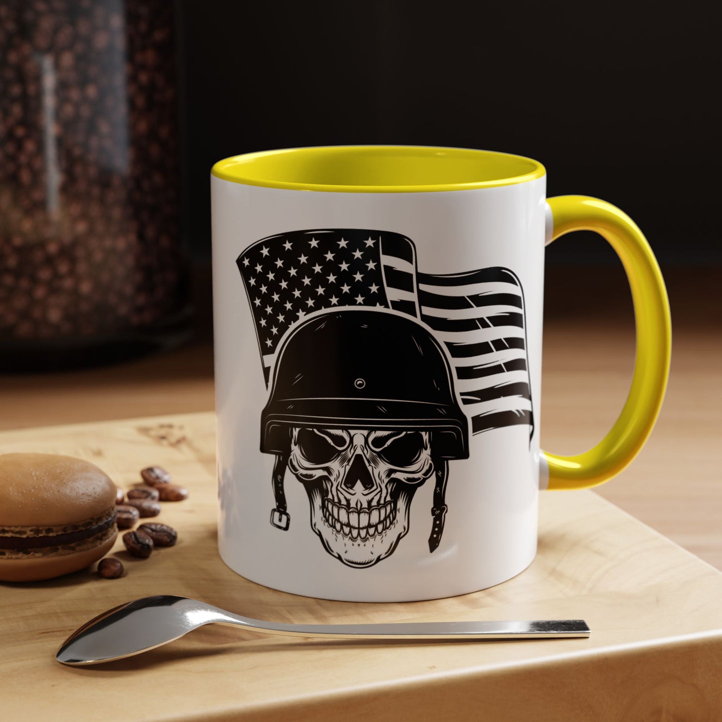 American Skull Soldier Coffee Mug — Military Helmet with US Flag (11/15oz)
