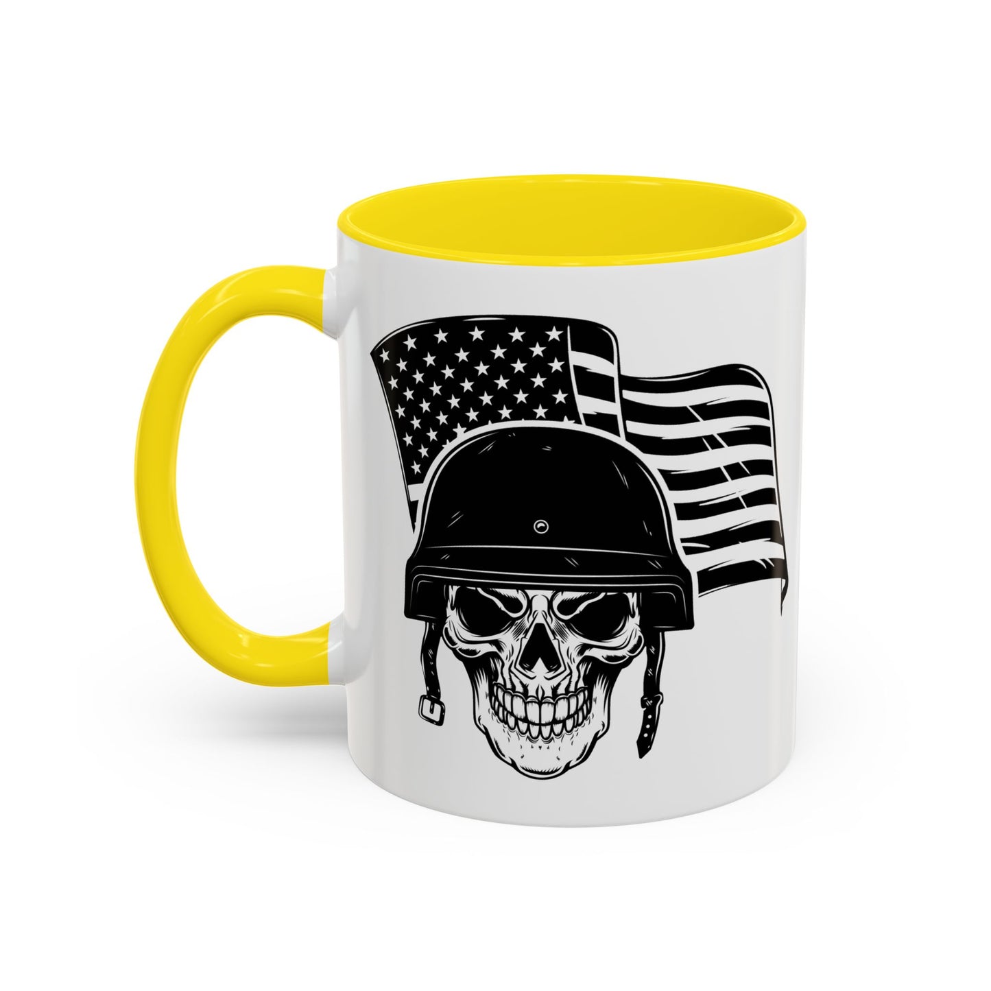 American Skull Soldier Coffee Mug — Military Helmet with US Flag (11/15oz)