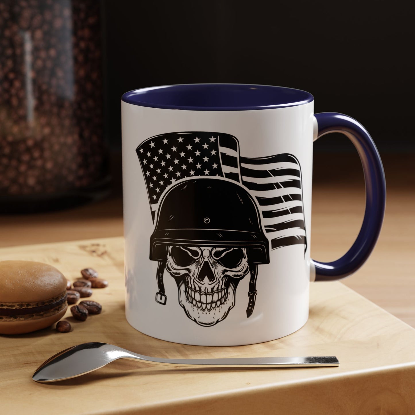 American Skull Soldier Coffee Mug — Military Helmet with US Flag (11/15oz)