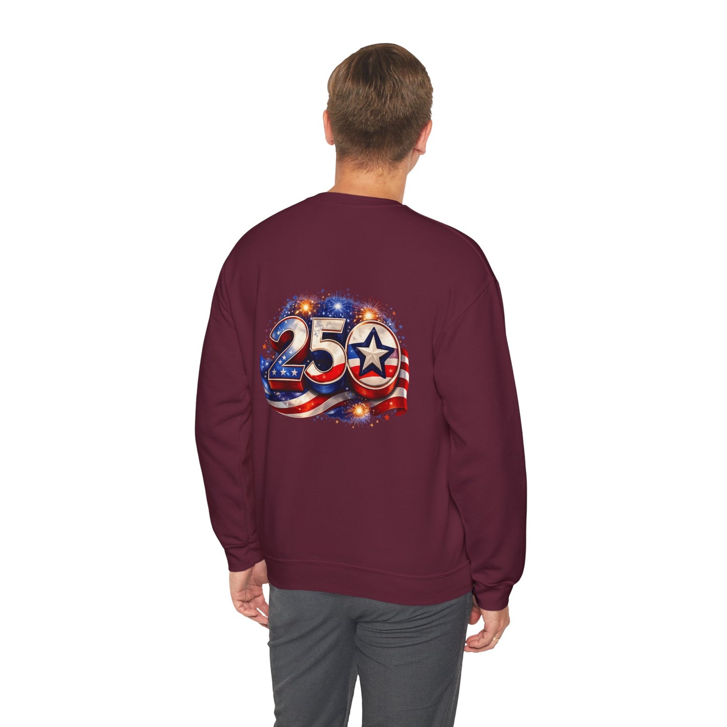 250th Anniversary USA Flag Crewneck Sweatshirt — Patriotic 25 Celebration Design Front and Back