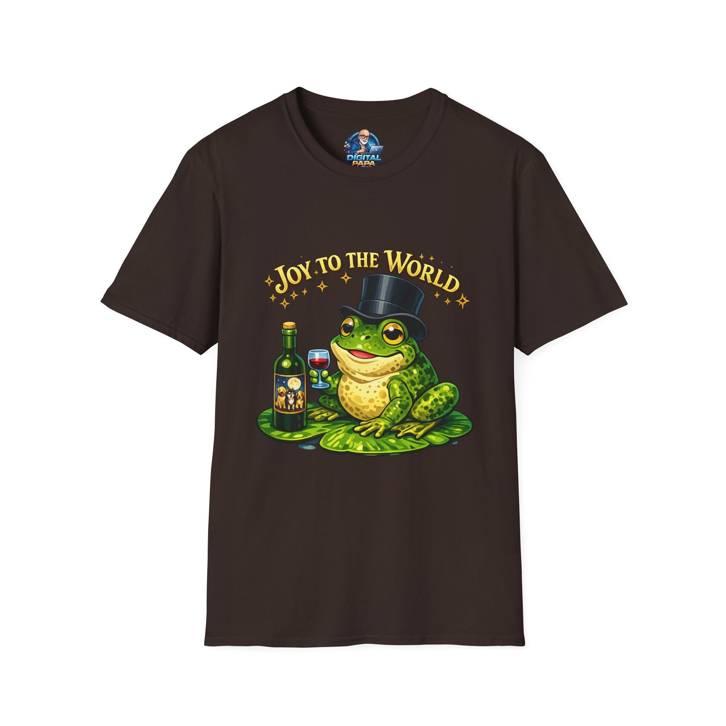 Joy to the World Frog T-Shirt — Festive Top Hat Frog with Wine Bottle