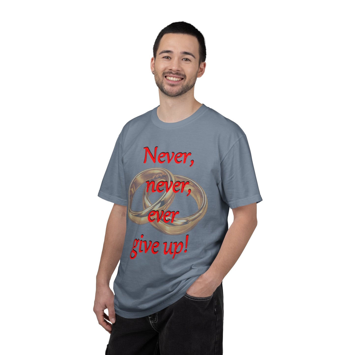 T-Shirt — "Never, never, ever give up!" Motivational Tee with Interlocking Rings