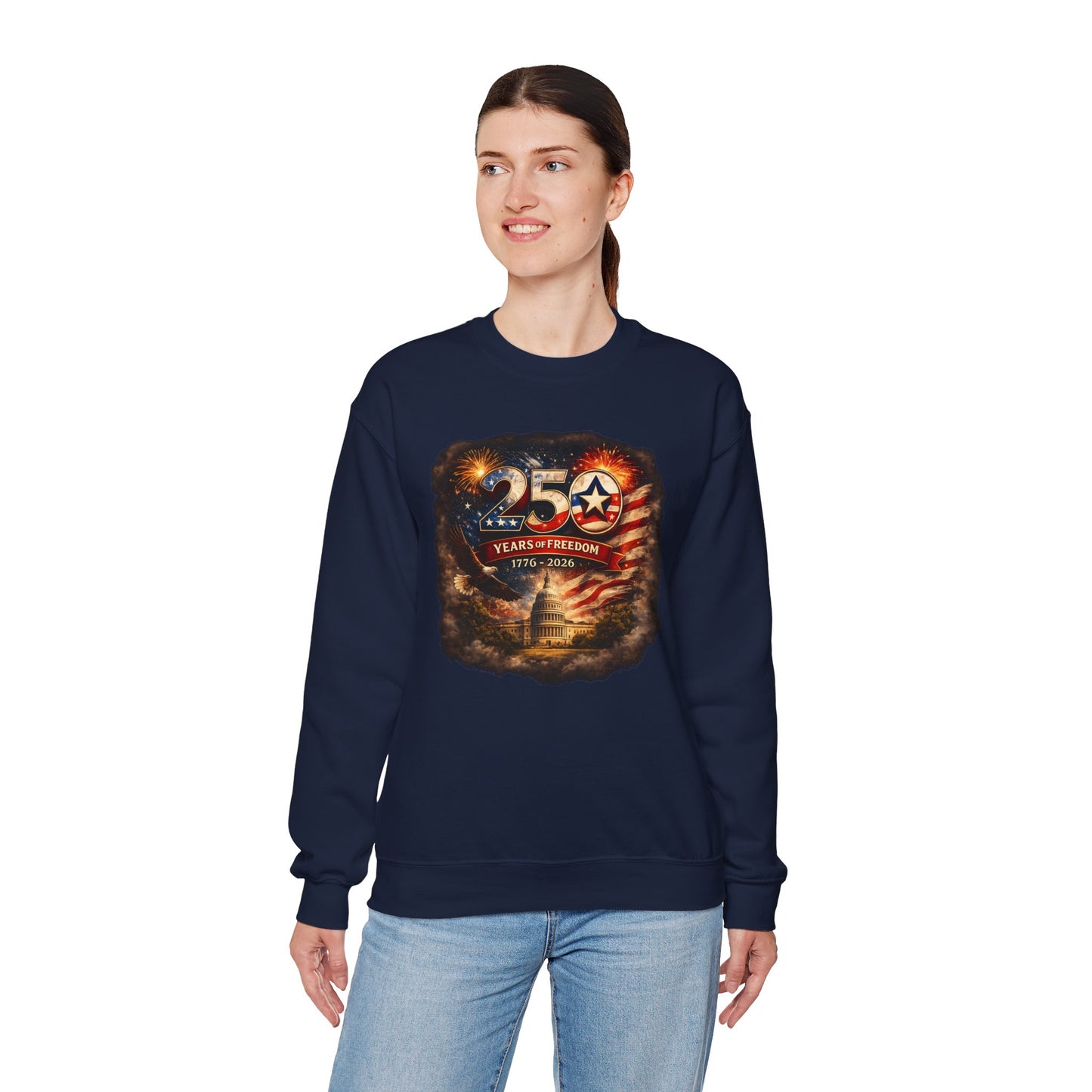 250th Anniversary Patriotic Crewneck Sweatshirt — "250 Years of Freedom" USA Flag Design