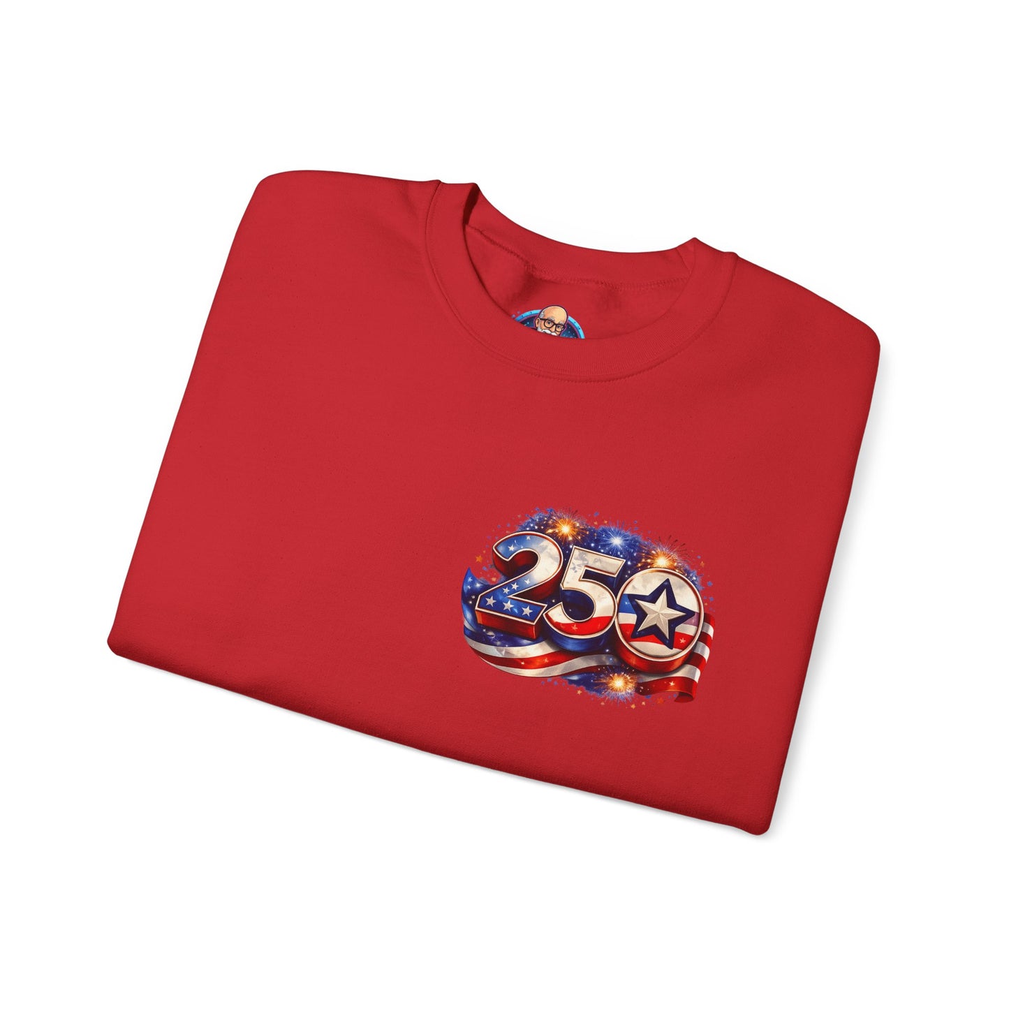 250th Anniversary USA Flag Crewneck Sweatshirt — Patriotic 25 Celebration Design Front and Back