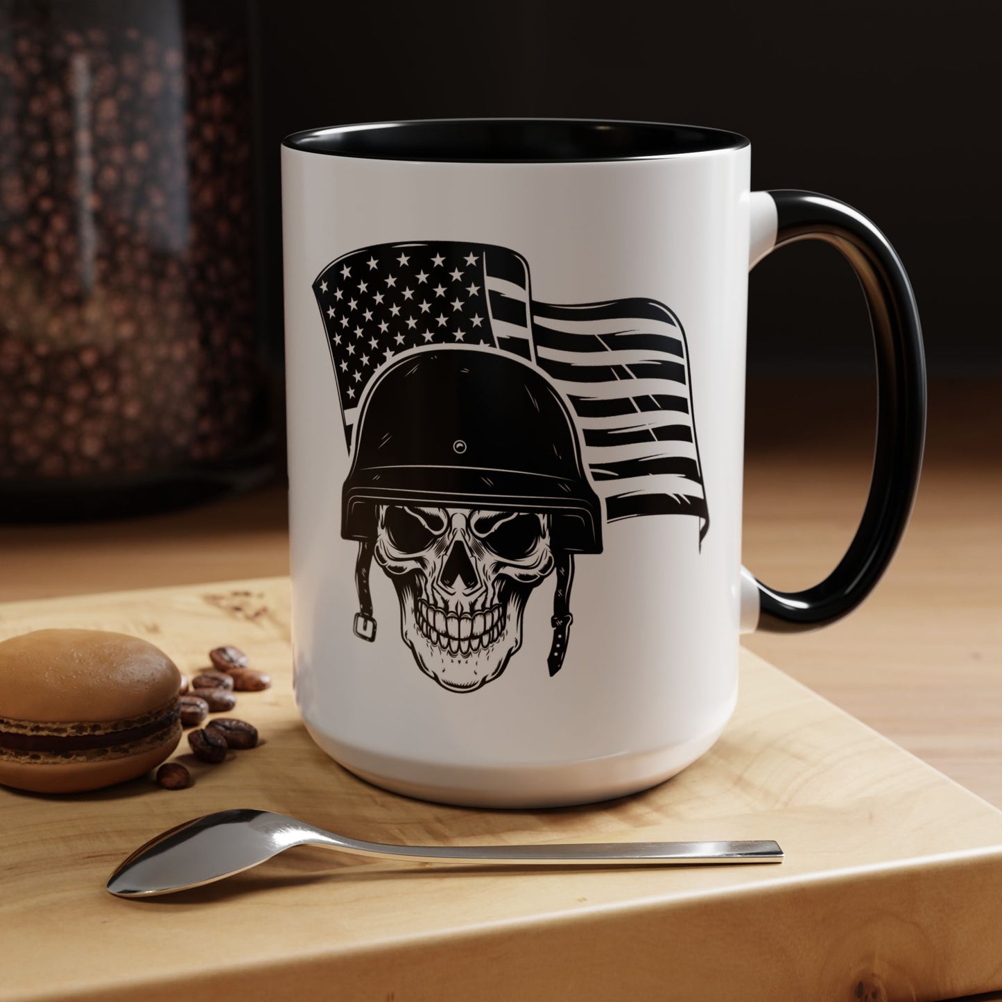 American Skull Soldier Coffee Mug — Military Helmet with US Flag (11/15oz)