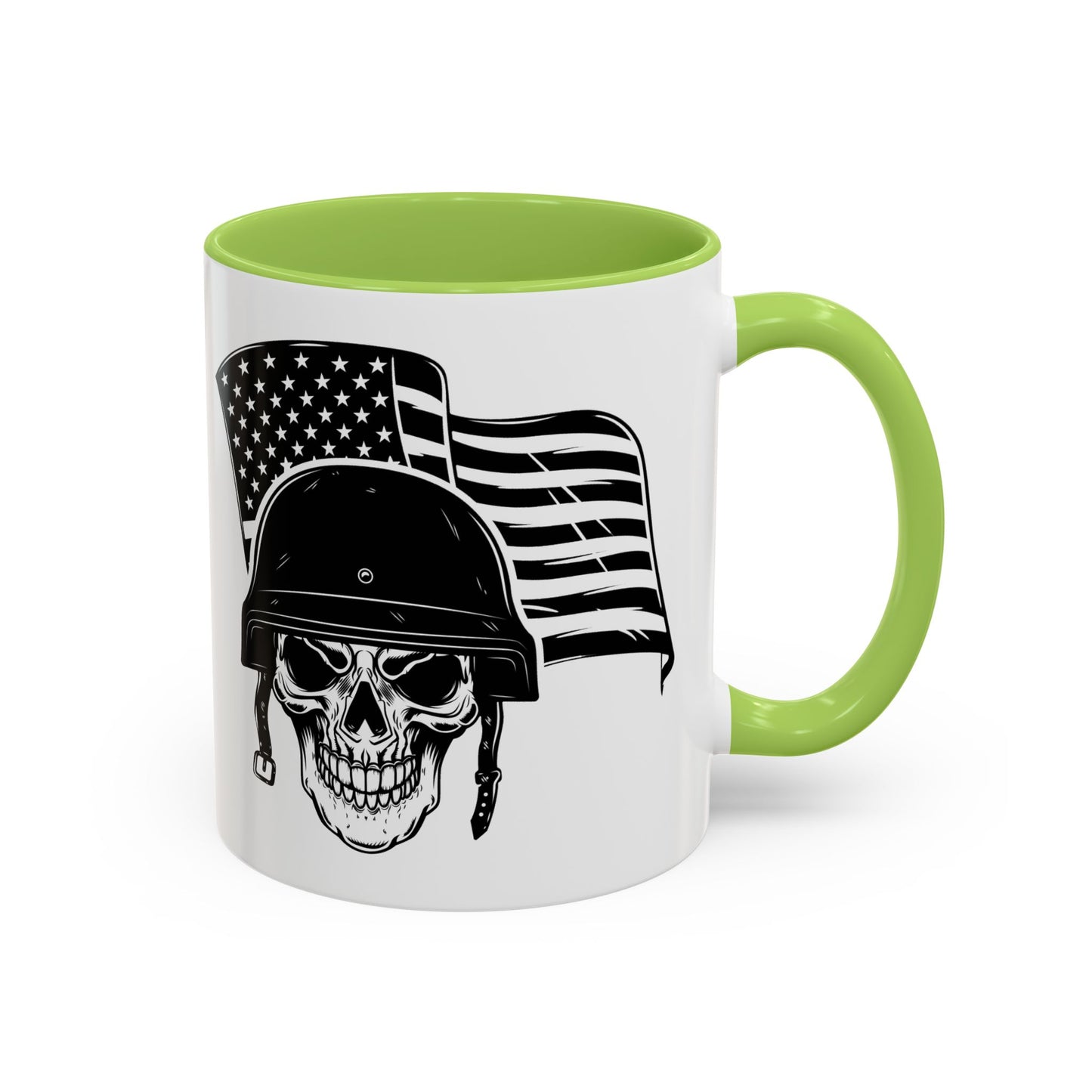 American Skull Soldier Coffee Mug — Military Helmet with US Flag (11/15oz)