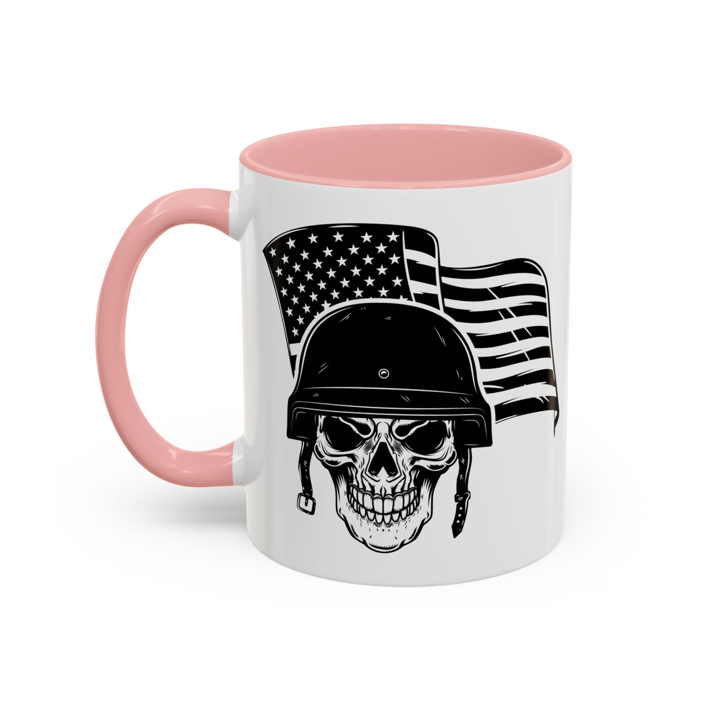 American Skull Soldier Coffee Mug — Military Helmet with US Flag (11/15oz)