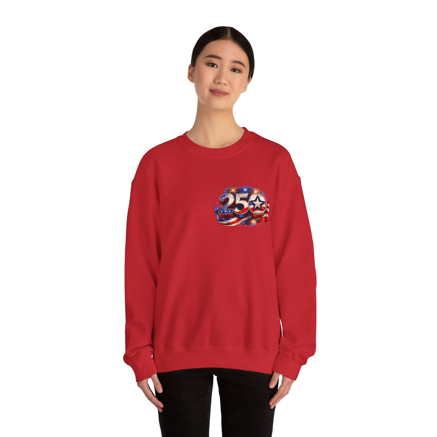 250th Anniversary USA Flag Crewneck Sweatshirt — Patriotic 25 Celebration Design Front and Back