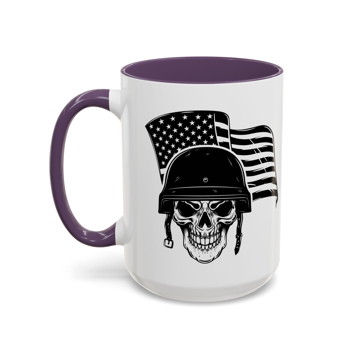 American Skull Soldier Coffee Mug — Military Helmet with US Flag (11/15oz)