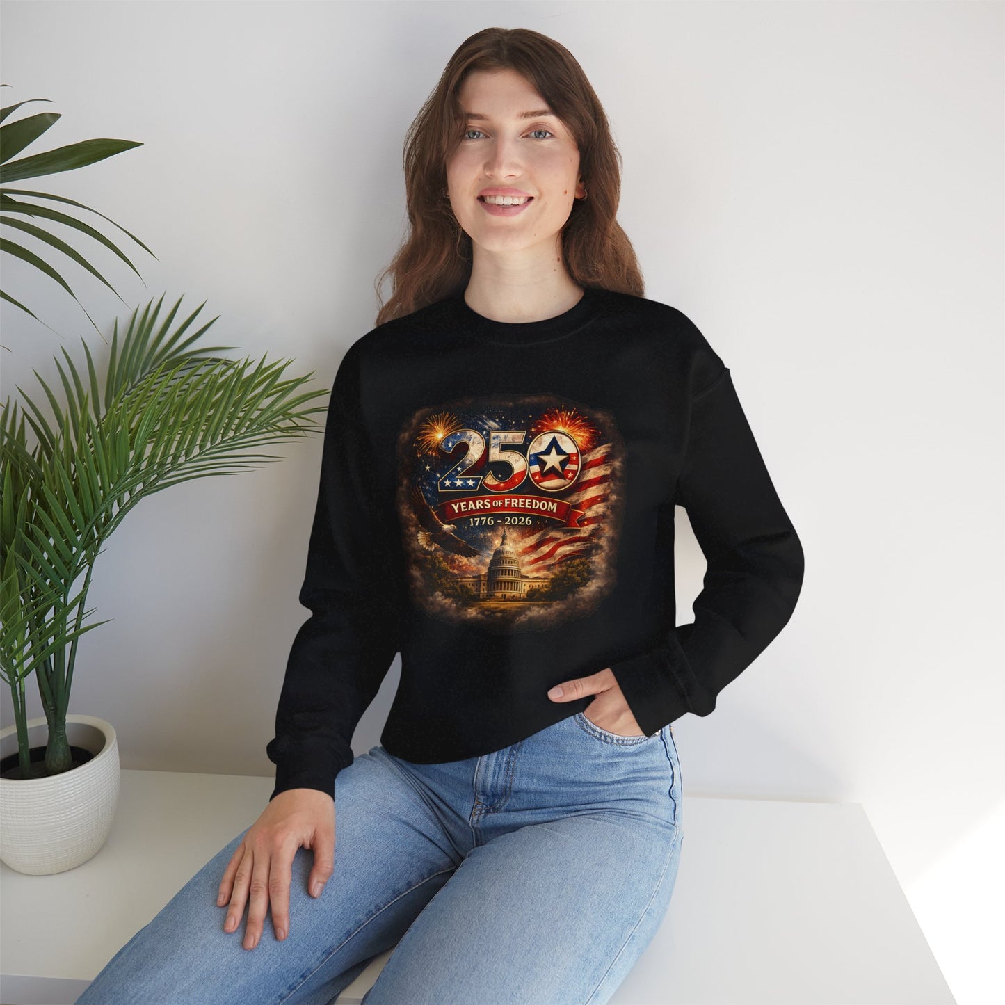 250th Anniversary Patriotic Crewneck Sweatshirt — "250 Years of Freedom" USA Flag Design