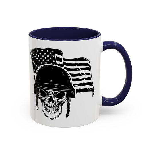 American Skull Soldier Coffee Mug — Military Helmet with US Flag (11/15oz)