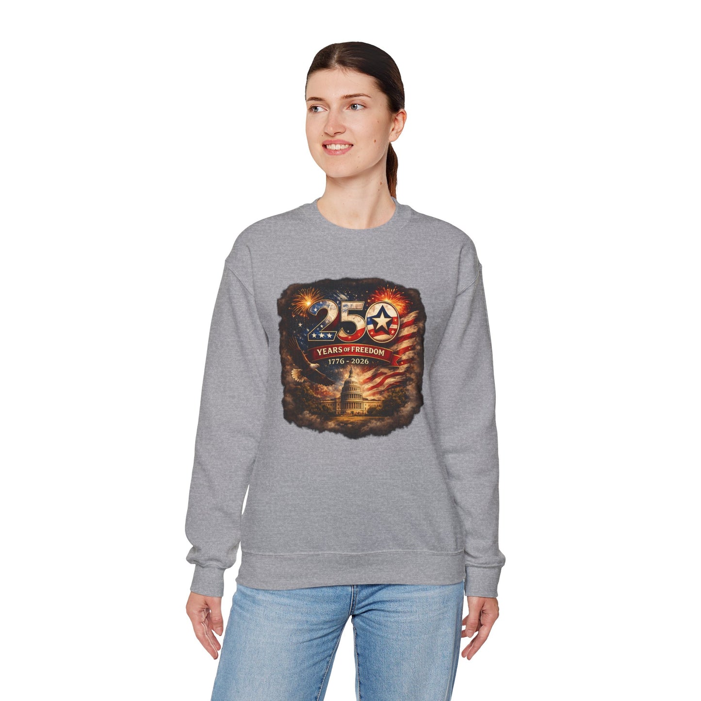 250th Anniversary Patriotic Crewneck Sweatshirt — "250 Years of Freedom" USA Flag Design
