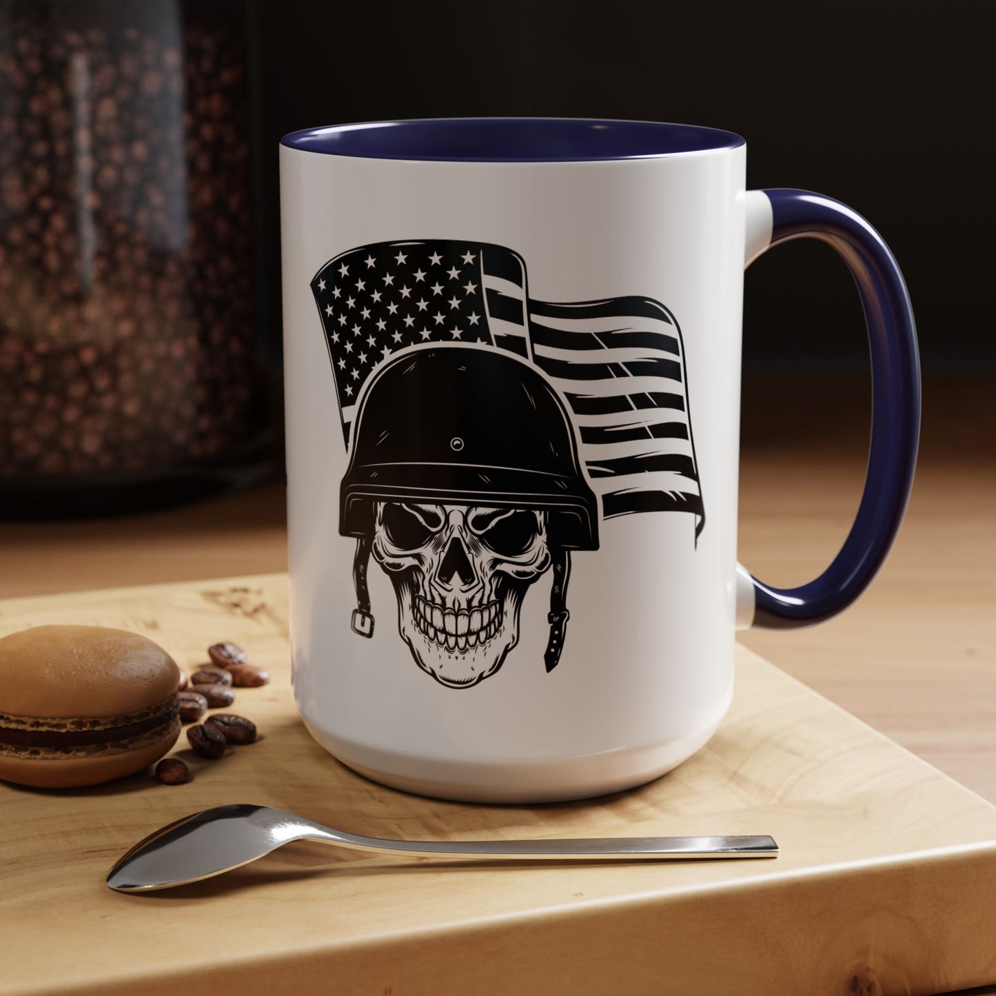 American Skull Soldier Coffee Mug — Military Helmet with US Flag (11/15oz)