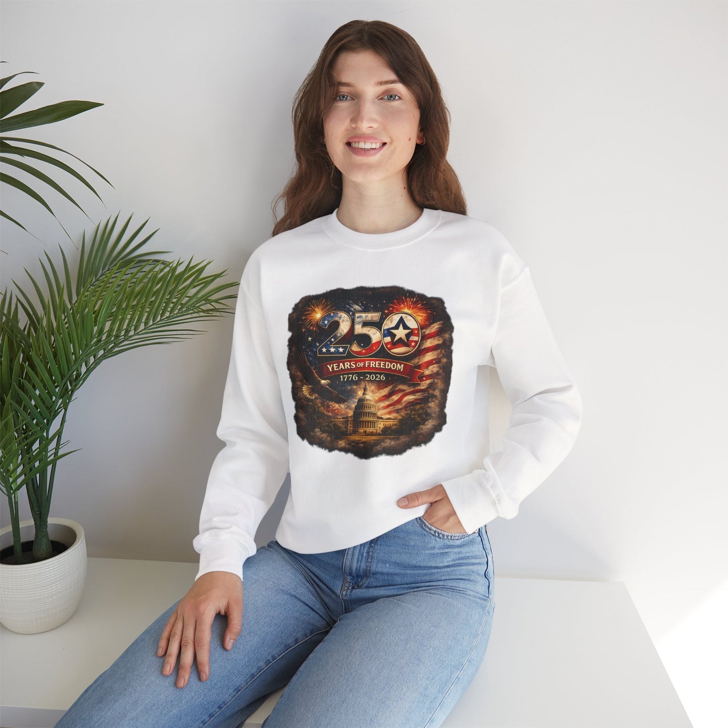 250th Anniversary Patriotic Crewneck Sweatshirt — "250 Years of Freedom" USA Flag Design