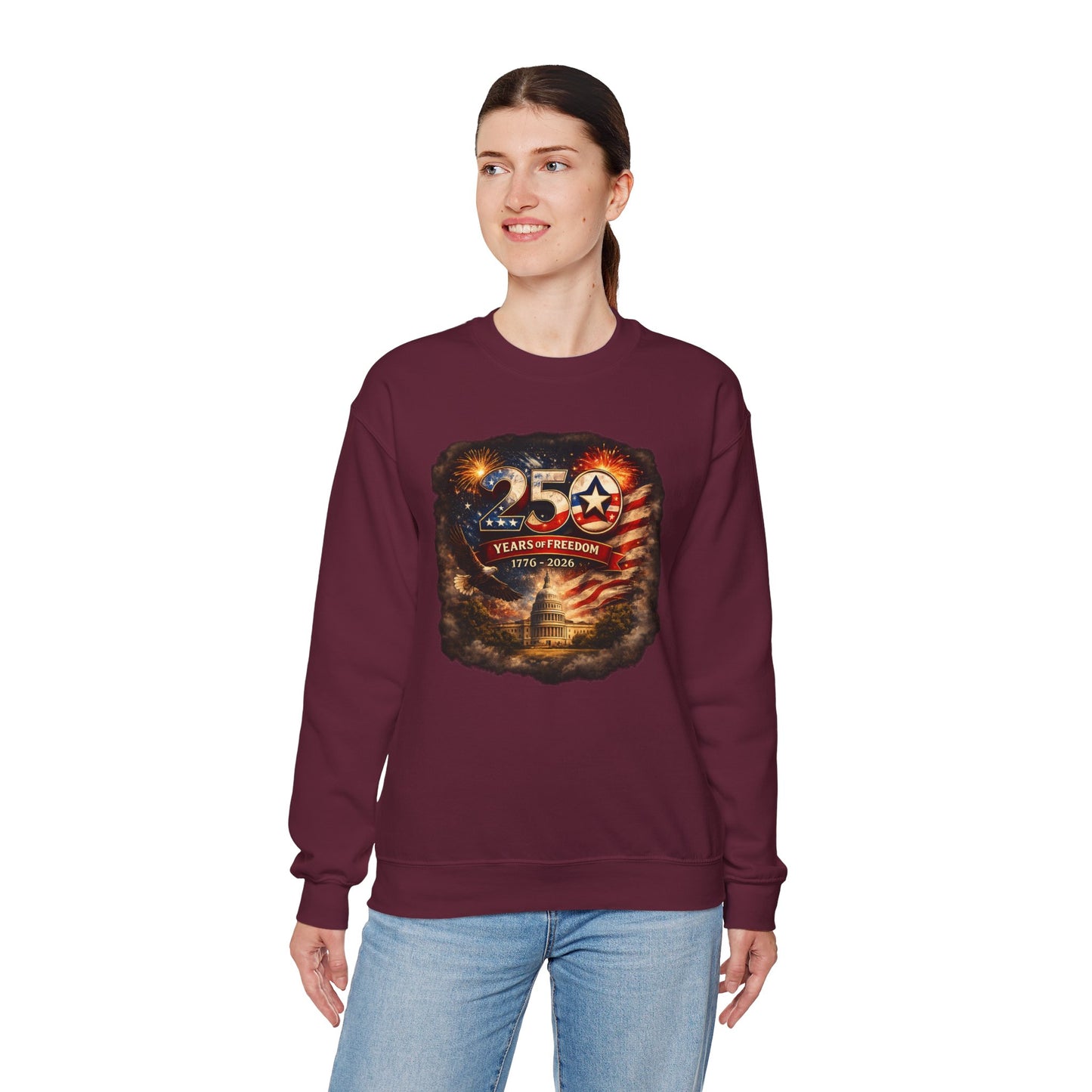 250th Anniversary Patriotic Crewneck Sweatshirt — "250 Years of Freedom" USA Flag Design