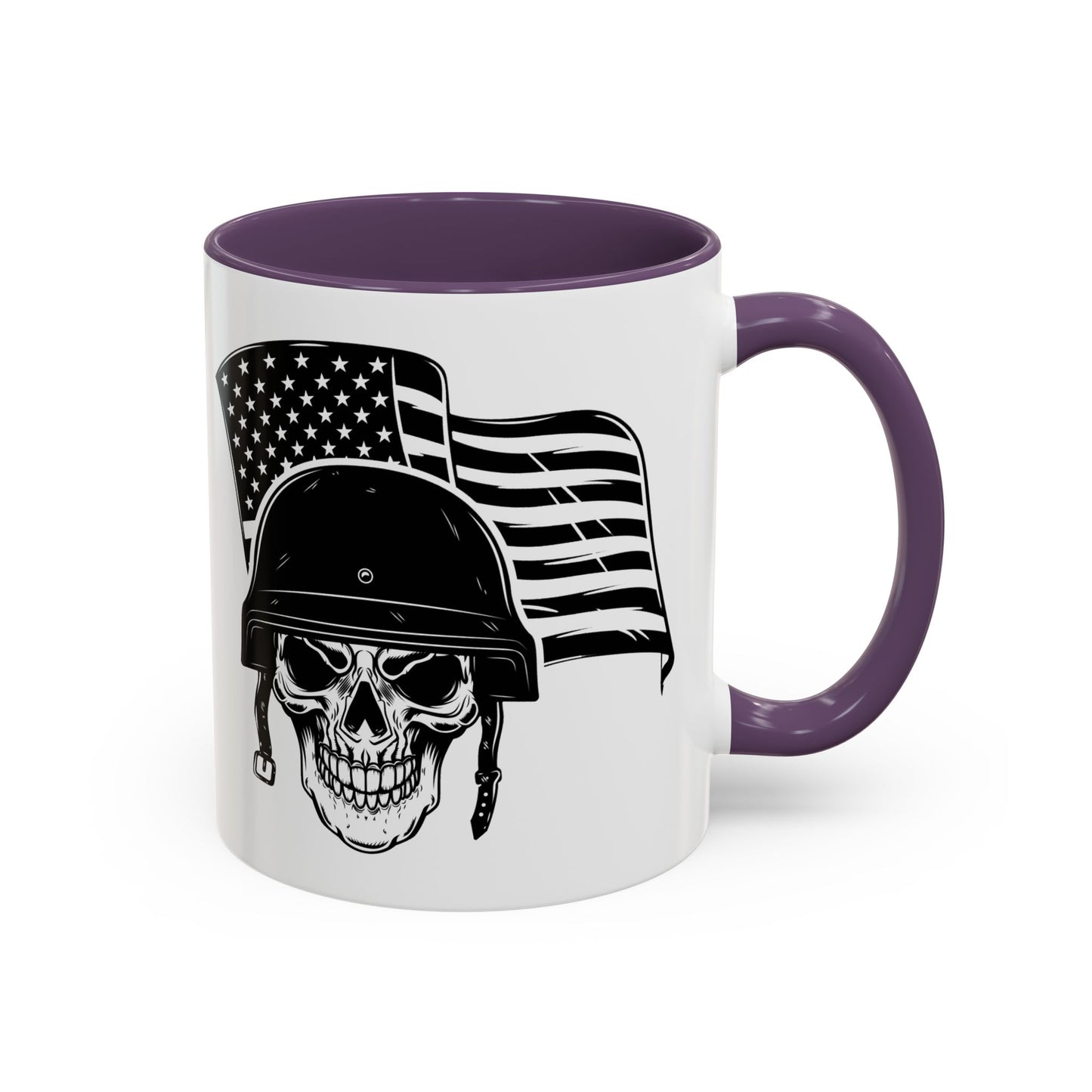 American Skull Soldier Coffee Mug — Military Helmet with US Flag (11/15oz)