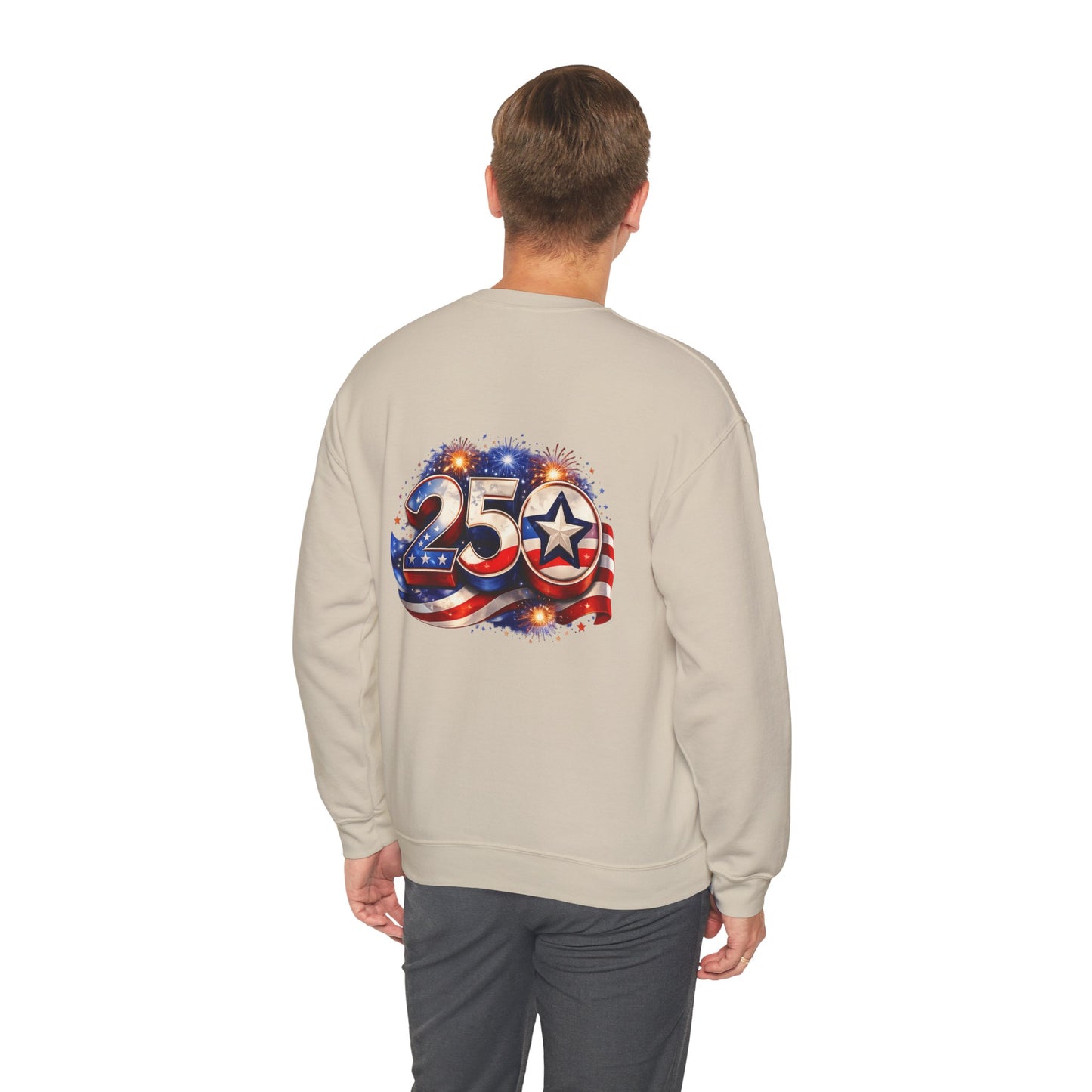 250th Anniversary USA Flag Crewneck Sweatshirt — Patriotic 25 Celebration Design Front and Back