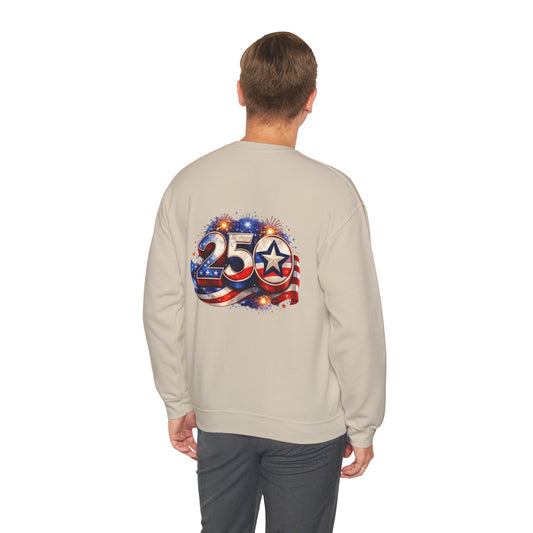 250th Anniversary USA Flag Crewneck Sweatshirt — Patriotic 25 Celebration Design Front and Back