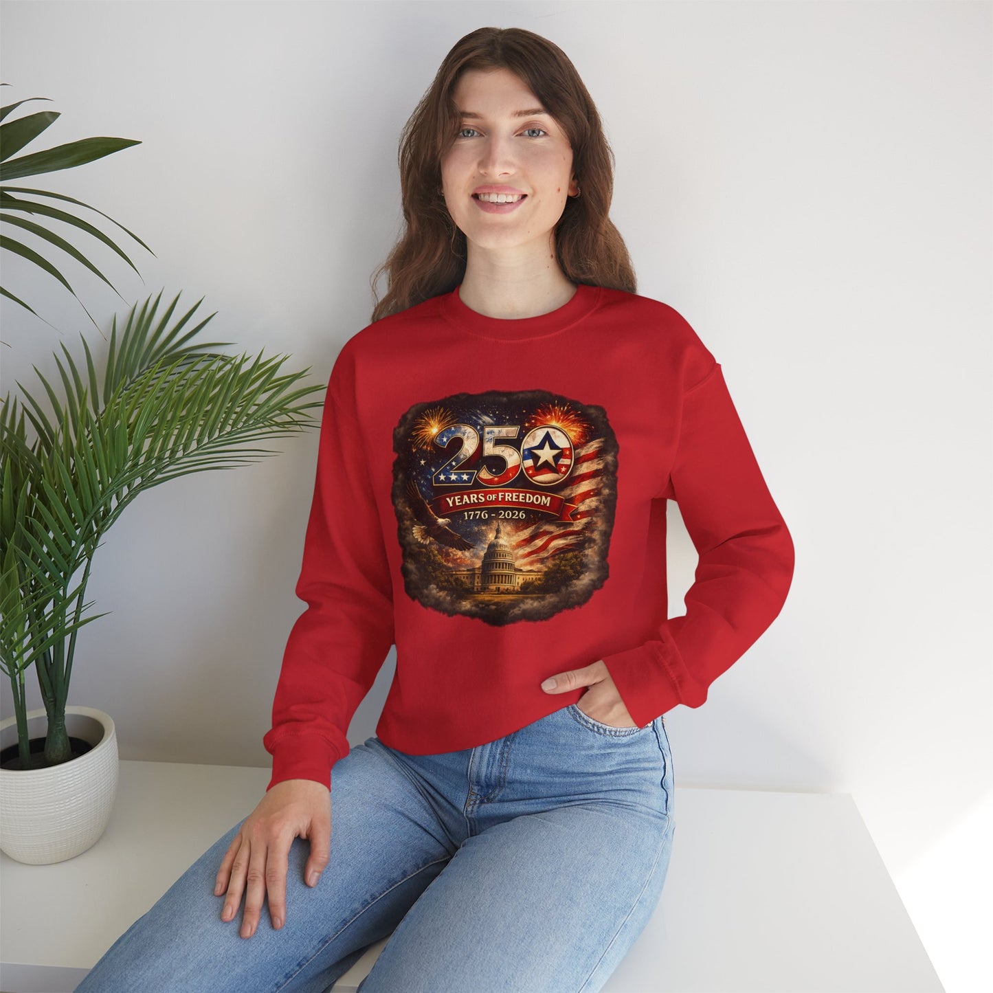 250th Anniversary Patriotic Crewneck Sweatshirt — "250 Years of Freedom" USA Flag Design