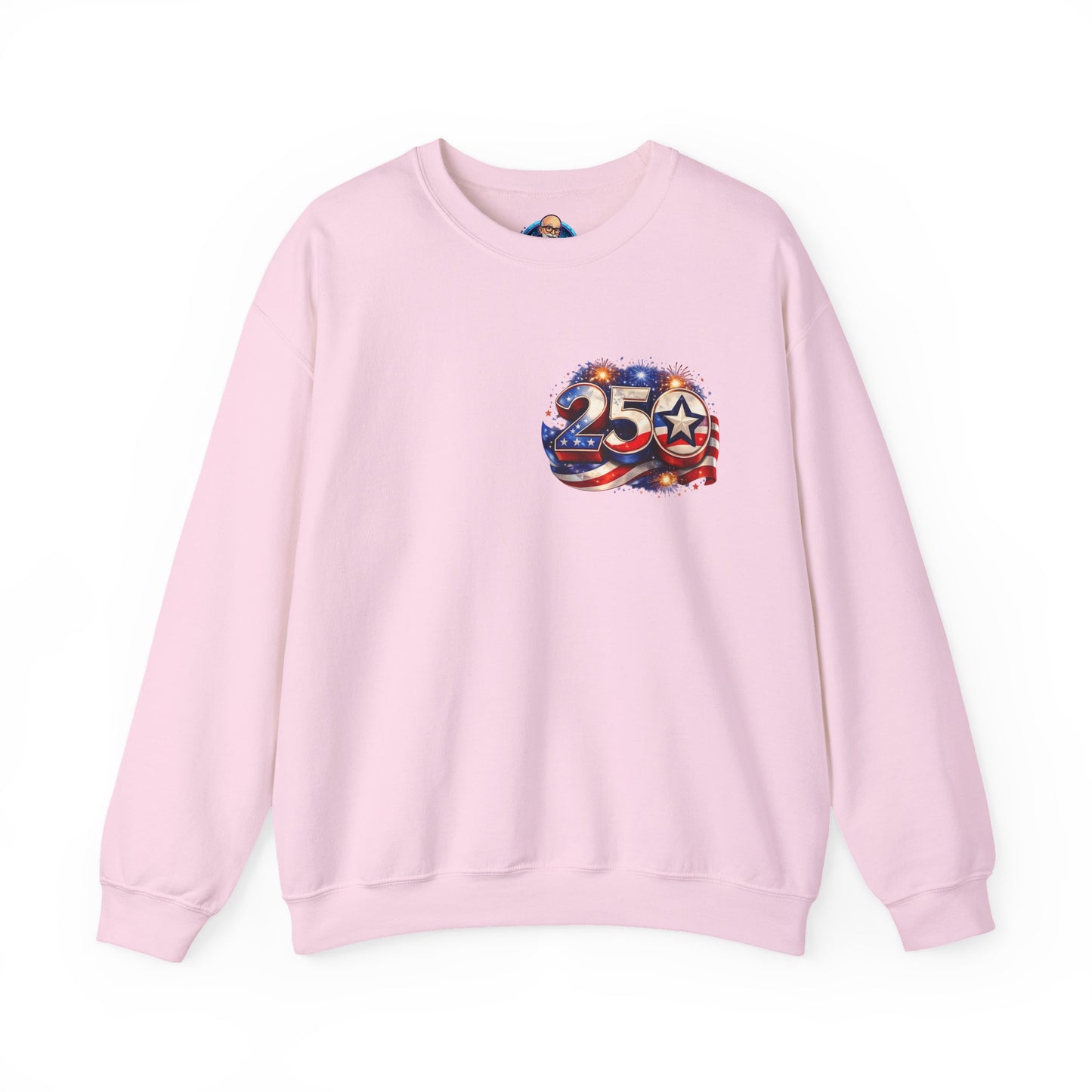 250th Anniversary USA Flag Crewneck Sweatshirt — Patriotic 25 Celebration Design Front and Back