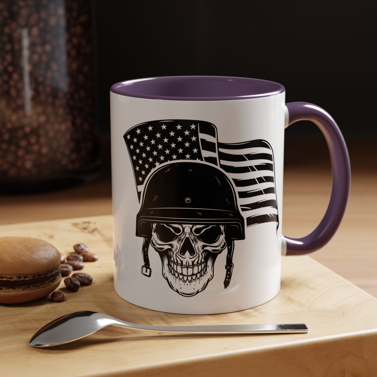 American Skull Soldier Coffee Mug — Military Helmet with US Flag (11/15oz)