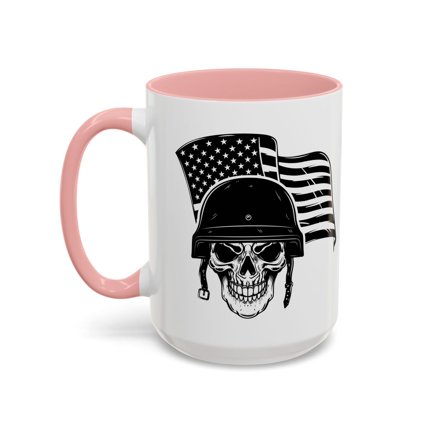 American Skull Soldier Coffee Mug — Military Helmet with US Flag (11/15oz)