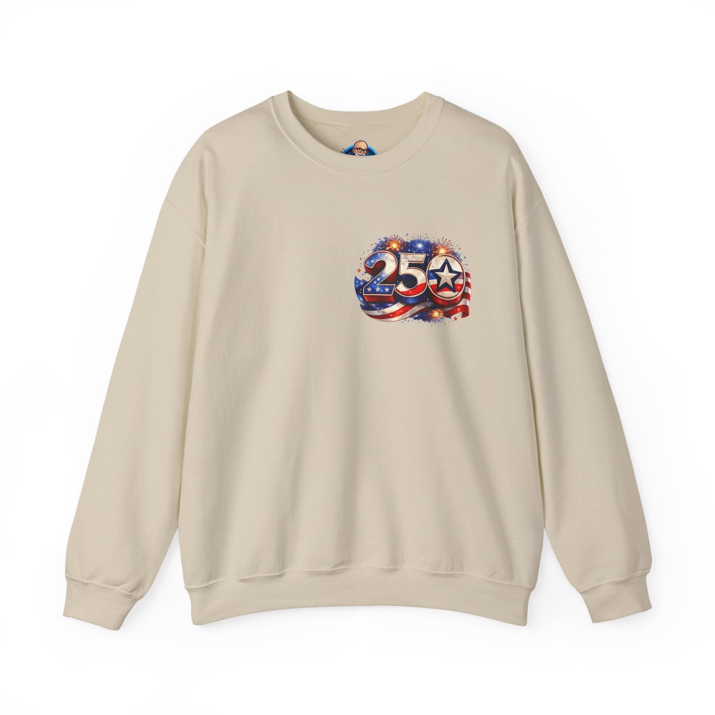 250th Anniversary USA Flag Crewneck Sweatshirt — Patriotic 25 Celebration Design Front and Back