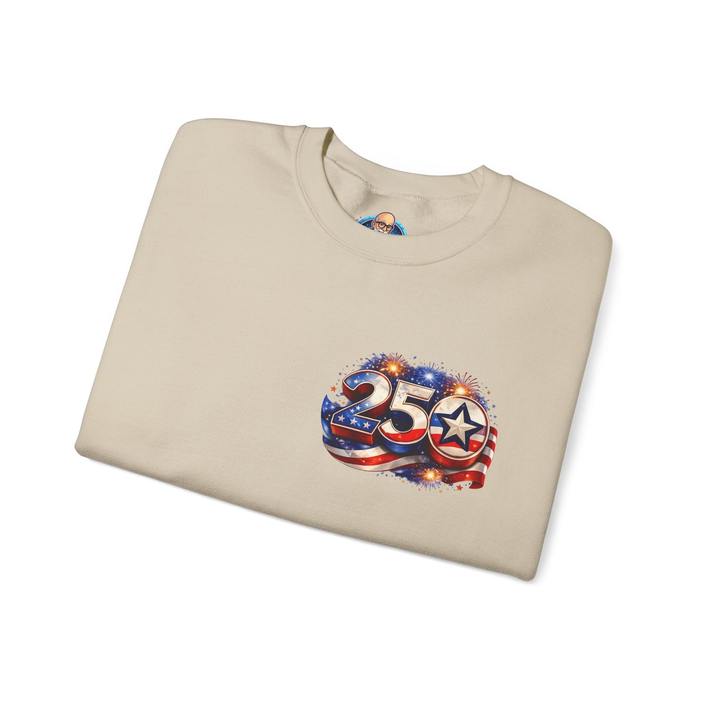 250th Anniversary USA Flag Crewneck Sweatshirt — Patriotic 25 Celebration Design Front and Back