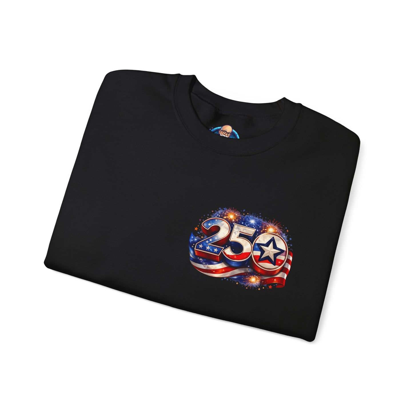 250th Anniversary USA Flag Crewneck Sweatshirt — Patriotic 25 Celebration Design Front and Back