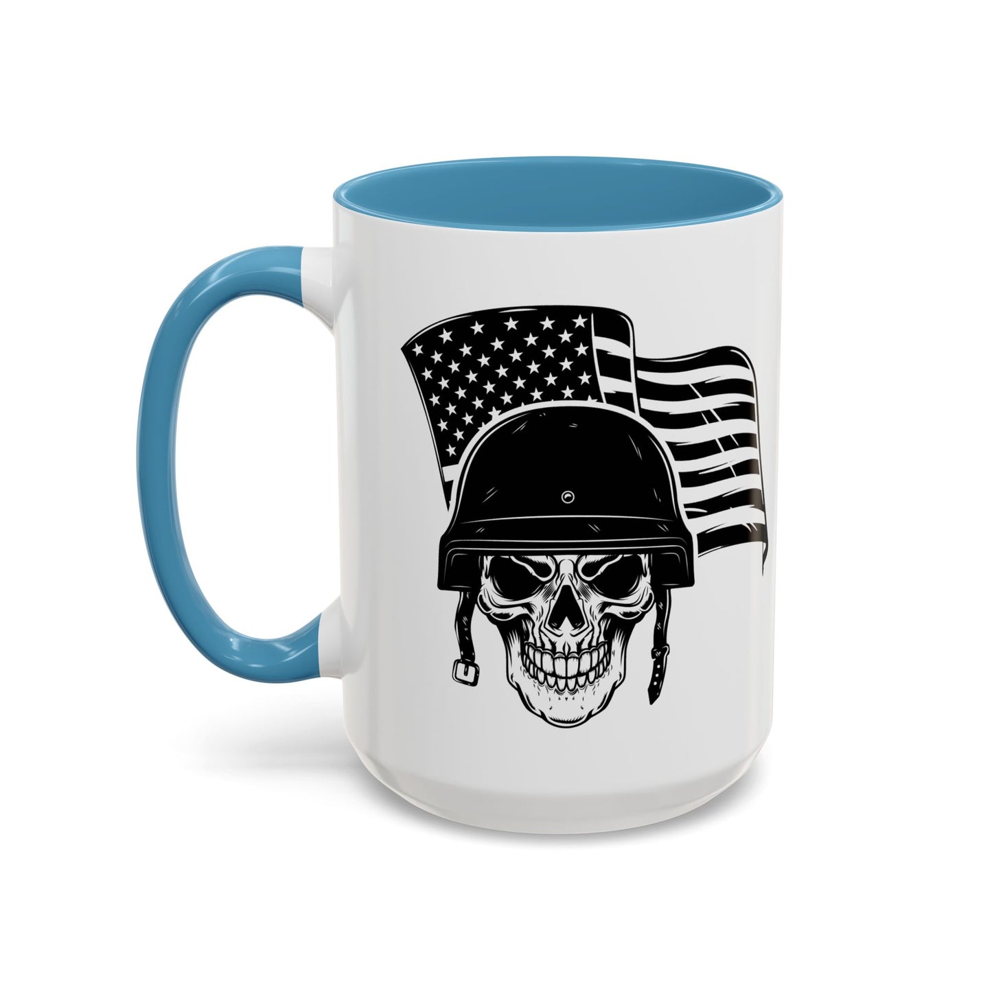 American Skull Soldier Coffee Mug — Military Helmet with US Flag (11/15oz)