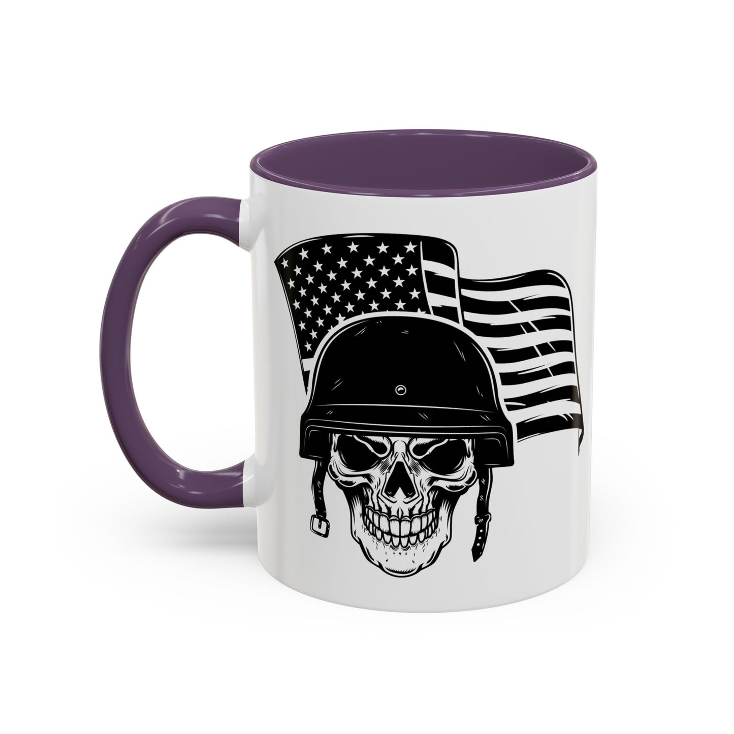 American Skull Soldier Coffee Mug — Military Helmet with US Flag (11/15oz)