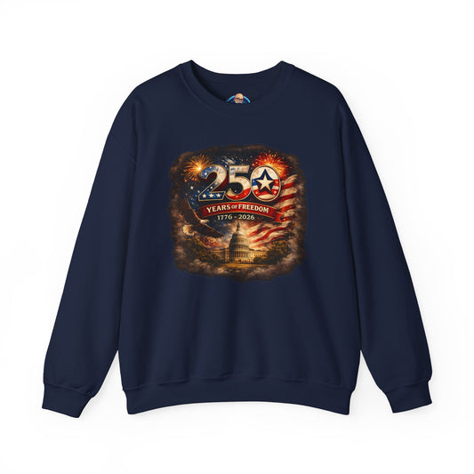 250th Anniversary Patriotic Crewneck Sweatshirt — "250 Years of Freedom" USA Flag Design