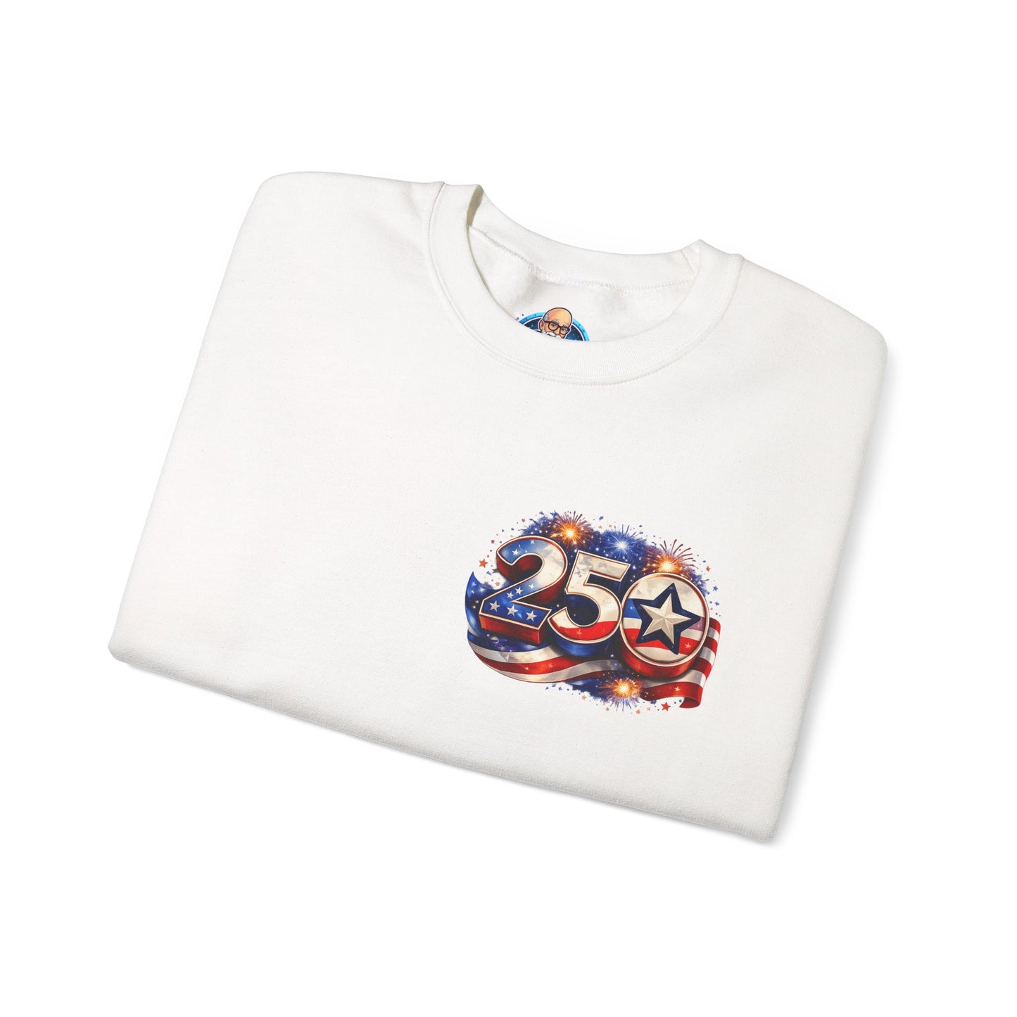 250th Anniversary USA Flag Crewneck Sweatshirt — Patriotic 25 Celebration Design Front and Back