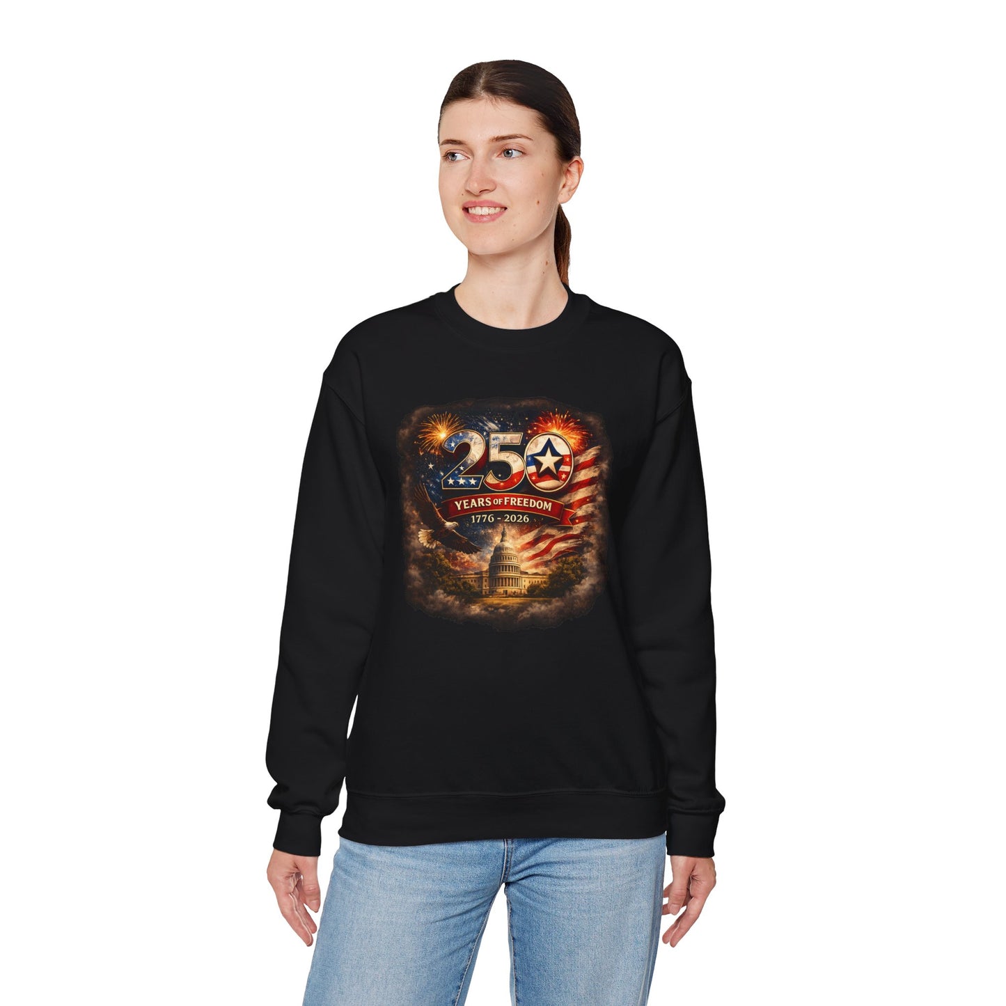250th Anniversary Patriotic Crewneck Sweatshirt — "250 Years of Freedom" USA Flag Design