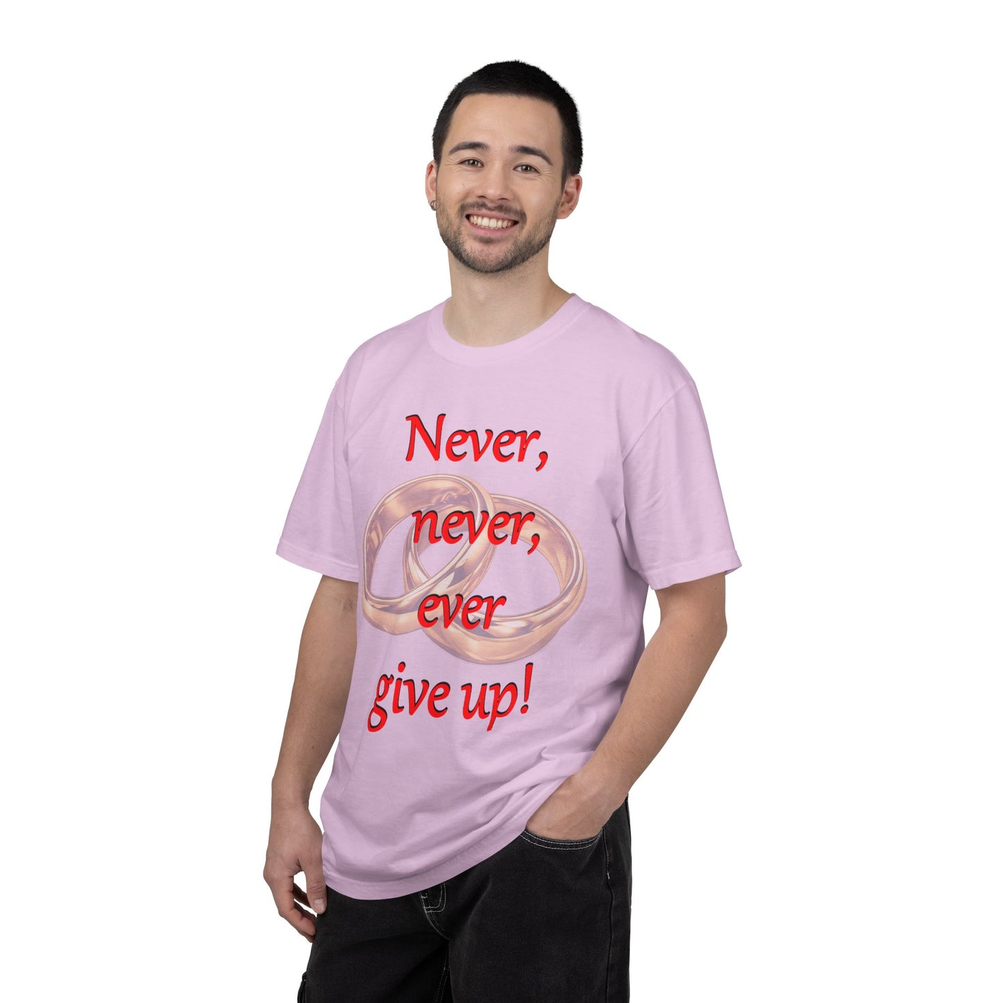 T-Shirt — "Never, never, ever give up!" Motivational Tee with Interlocking Rings